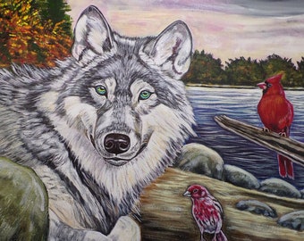 Wolf painting- animal original art -canvas acrylic painting-Hand painted wall art--handmade art