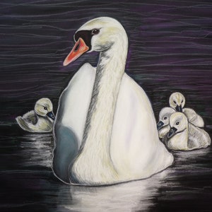 Swan and babies Print of the  original painting-swan art-swan gift-swan decor- fine art print