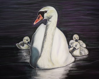 Swan and babies Print of the  original painting-swan art-swan gift-swan decor- fine art print