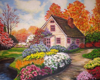 Cottage painting,Autumn cottage landscape art, original canvas painting ,wall decor, flower ,nature art- Hand painted art