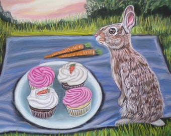 Rabbit Picnic Pastel Painting – Original Animal Wall Art (9x12)