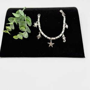 May include: A silver-toned charm bracelet featuring a series of cylindrical beads and multiple dangling charms, including a starfish, a sea turtle, a seahorse, and various seashells, arranged along a flexible metal chain with a lobster clasp.