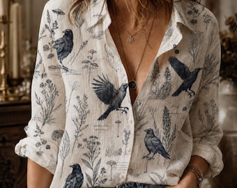 Linen Vintage Crow Bird Women's Blouse, Watercolor Crow Pattern Long Sleeve Blouse, Bird Lover Gift