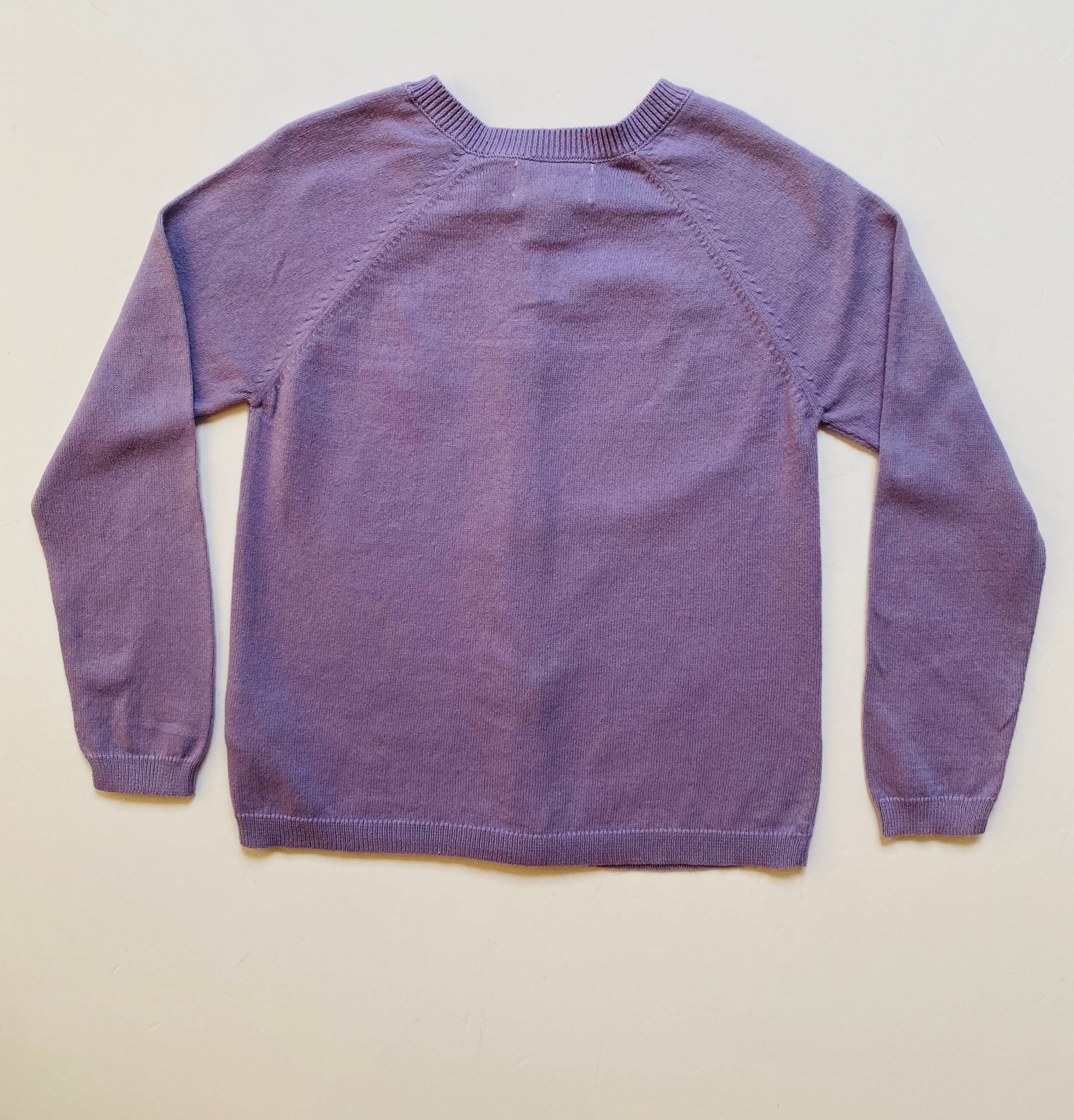purple sweater with butterflies