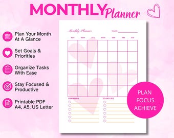Pink Monthly Planner Printable | Undated Calendar PDF | Simple Planner Page | Instant Download