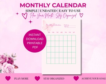 Minimal Monthly Calendar Printable, Undated Pink Planner (Instant Download)