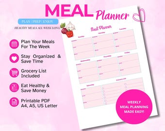 Weekly Meal Planner Printable | Grocery List Included (Digital Download)
