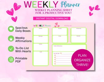 Pink Weekly Planner Printable, Goals, To-Do List, Organizer (Digital Download)