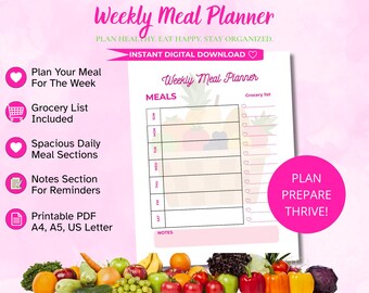 Pink Weekly Meal Planner | Grocery List, Notes (Instant Download PDF)