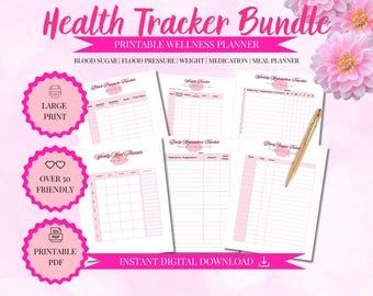 Pink Health Tracker Bundle for Women | Blood Sugar & Blood Pressure Log | Weight Loss Planner | Medication Tracker Printable PDF