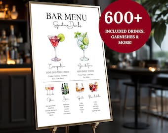 Wedding Bar Menu Template Signature Cocktails Menu His Hers Drinks Editable Canva Bar Menu Sign