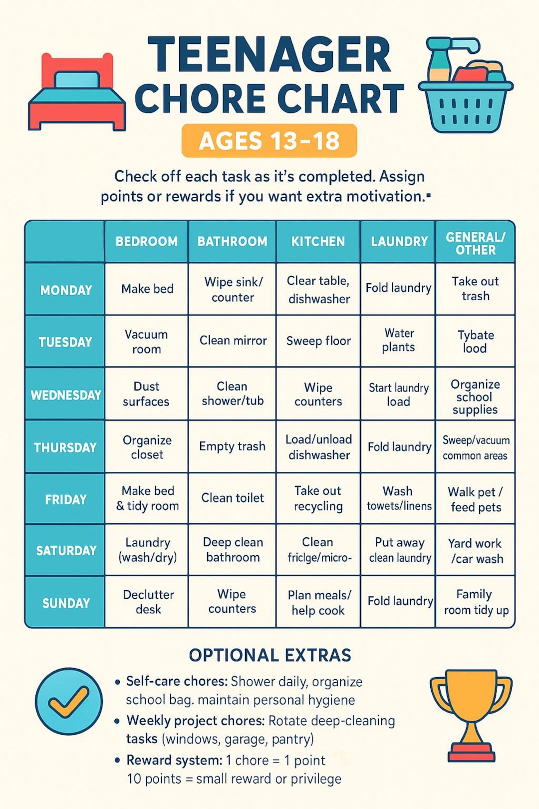 A Chore Chart for Your Pre-teens and Teenagers. - Etsy
