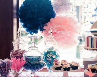 6- tissue Pom Poms- pink navy