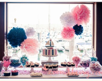 8- tissue Pom Poms-  Nautical