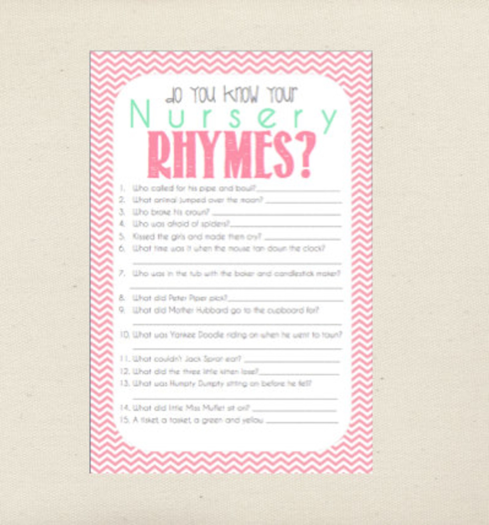 Nursery Rhyme Quiz Baby Shower Game Printable ready to go