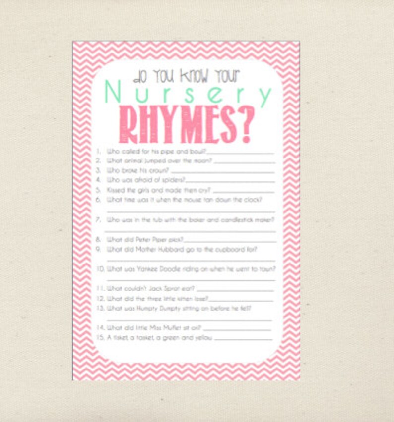 Nursery Rhyme Quiz Baby Shower Game printable Ready to Go Etsy