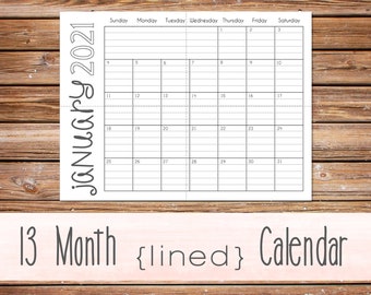 2021 Linierte Monatskalender LANDSCAPE (ganzes Jahr) printable download