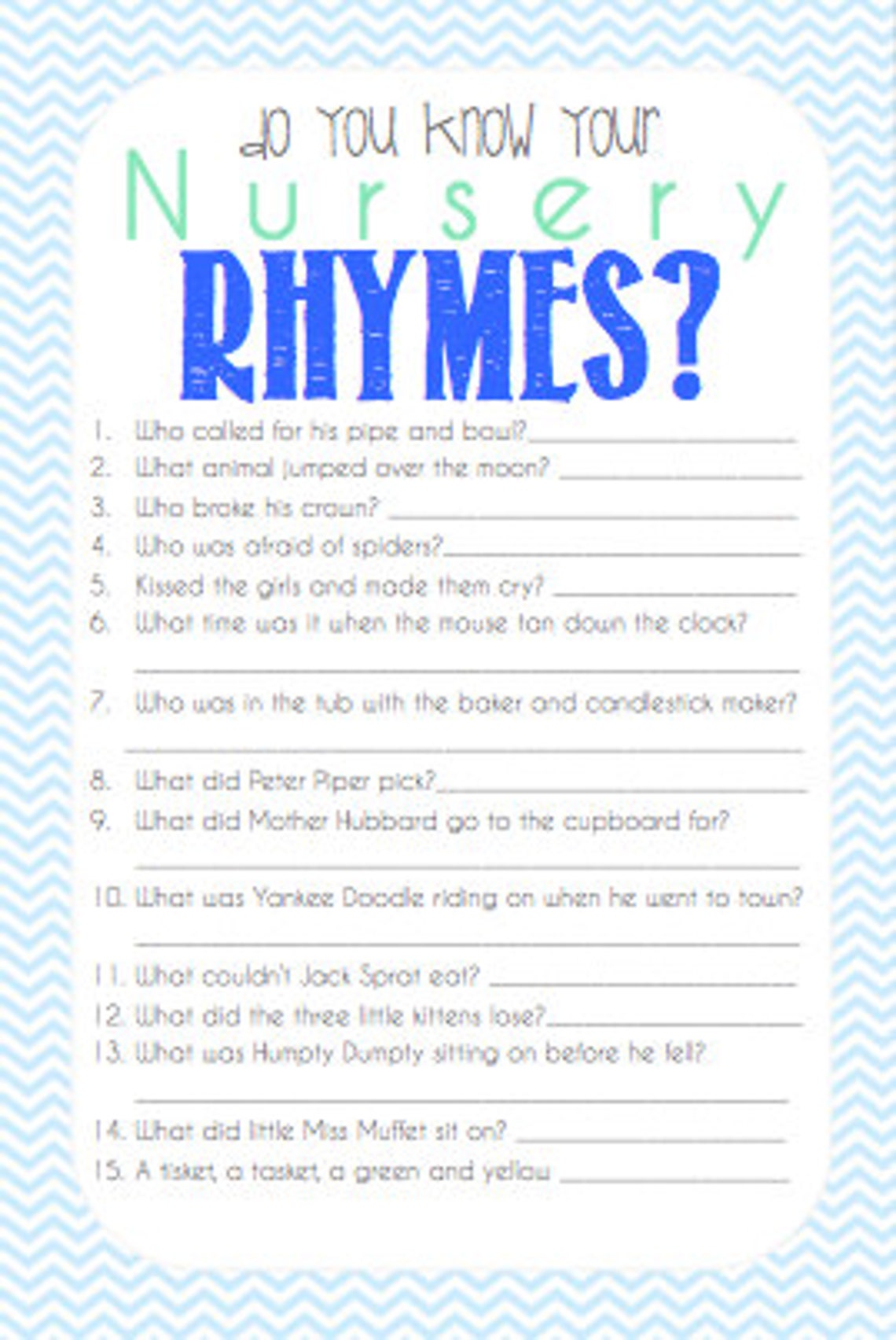 Nursery Rhyme Quiz Baby Shower Game Printable ready to go Etsy