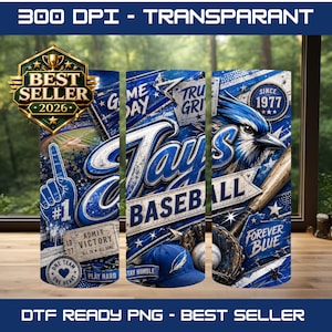 Può includere: Un design digitale per bicchiere che raffigura una ghiandaia azzurra, una mazza da baseball, un guanto, una palla e un dito in gommapiuma. La grafica include testi come Jays Baseball, Forever Blue e Admit Victory, su uno sfondo sportivo blu e bianco con stelle e texture usurate.