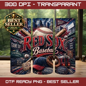 Pode incluir: Um design de envoltório de copo digital com tema de beisebol, apresentando uma bola grande, um taco de madeira, uma luva e um boné azul e vermelho. O gráfico inclui o texto Red Sox Baseball, Fenway Park, Boston Spirit e Heart Pride Passion.