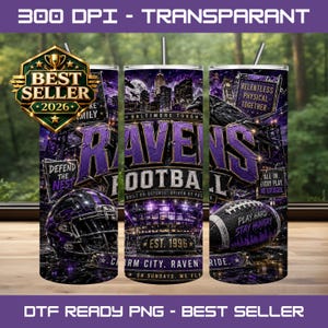 May include: A cylindrical tumbler wrap design featuring a purple and black Baltimore football theme with a city skyline, a stadium, a helmet, and a football. Text includes RAVENS FOOTBALL, DEFEND THE NEST, EST. 1996, CHARM CITY, and PLAY HARD STAY HUNGRY.
