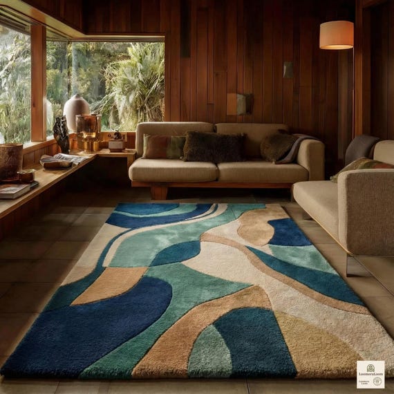 Abstract Wave Mid Century Rug - Blue Green Sculptural Tufted Carpet for Stylish Living Rooms