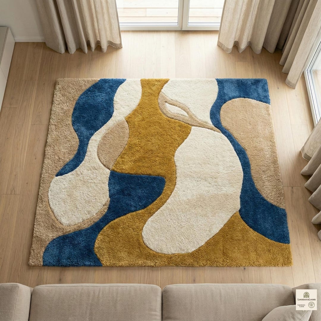Curved Abstract Geometric Rug – Mustard Yellow Blue Cream Tufted Carpet ...