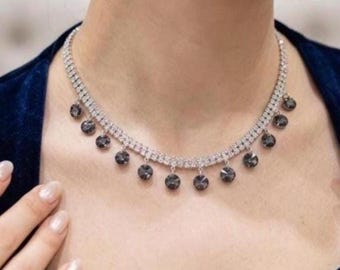 Double Row Moissanite Tennis Collar Necklace, Charcoal Crystal Drop Fringe, Formal Gala Statement