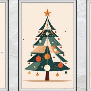 Può includere: Quattro stampe artistiche incorniciate con alberi di Natale stilizzati nei toni del verde acqua, arancione e verde. Ogni albero ha una stella in cima ed è ambientato su uno sfondo color crema. Le stampe sono esposte su una parete bianca strutturata.
