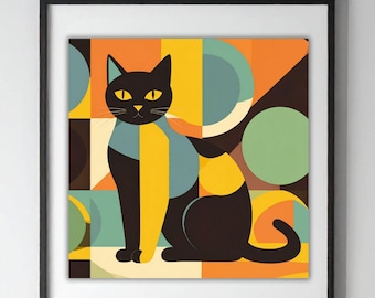 Könnte beinhalten: Ein gerahmter Kunstdruck mit einer stilisierten schwarzen Katze mit gelben Augen, vor einem geometrischen Hintergrund aus orangefarbenen, gelben, grünen und blauen Formen. Die Katze sitzt aufrecht.