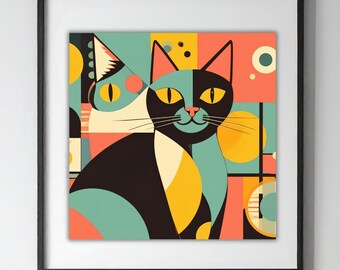 Könnte beinhalten: Ein gerahmter Kunstdruck mit einer stilisierten Katzenillustration. Die Katze ist mit schwarzen, gelben und teal Farben vor einem geometrischen Hintergrund aus Quadraten und Kreisen dargestellt. Das Kunstwerk ist in einem schwarzen Rahmen gerahmt.