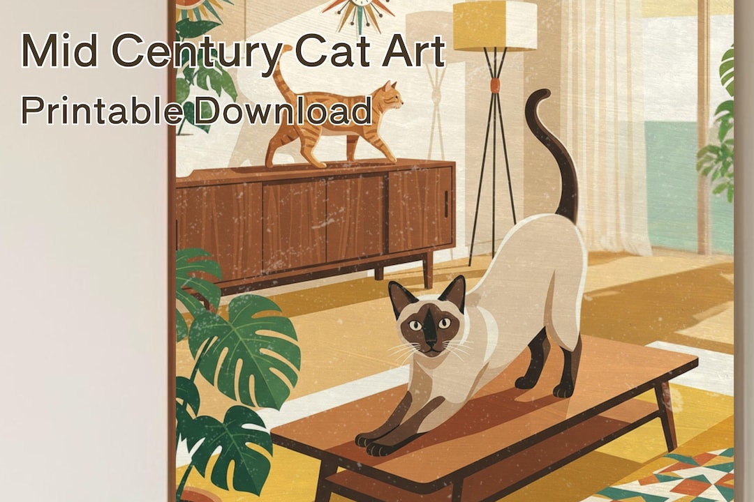 Mid Century Siamese Cat Art, Retro Living Room Decor, MCM Poster ...
