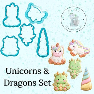May include: A set of cookie cutters and decorated cookies in the shape of unicorns and dragons. The cutters are light blue, and the cookies are decorated with pastel colors. The text "Unicorns & Dragons Set" is at the bottom of the image.