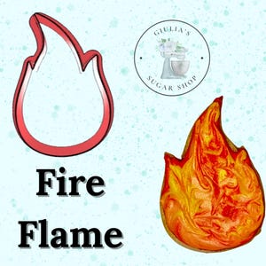 May include: A red metal fire flame cookie cutter next to a flame-shaped cookie with orange and yellow icing. The words "Fire Flame" are printed in black below the cookie cutter. A logo for "Giulia's Sugar Shop" is in the upper right corner.