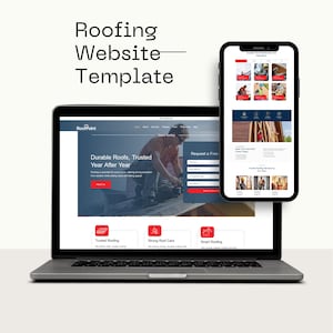 Könnte beinhalten: Ein Laptop und ein Smartphone, die eine Dachdecker-Website-Vorlage anzeigen. Der Laptop-Bildschirm zeigt eine Website mit dem Text "Roofing Website Template" und "Durable Roofs, Trusted Year After Year". Das Smartphone zeigt eine mobile Version der Website.
