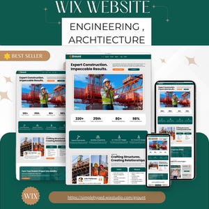 May include: A Wix website design for engineering and architecture, showcasing a construction theme. The design includes a desktop, tablet, and mobile view, with the text "Expert Construction. Impeccable Results."
