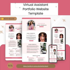 Peut inclure: Modèle de site web de portfolio d'assistant virtuel rose et blanc, présenté sur un ordinateur portable, une tablette et un téléphone. La conception comprend le texte "Virtual Assistant Portfolio Website Template" et "Jessica Thornton". Le modèle est étiqueté "Best Seller".