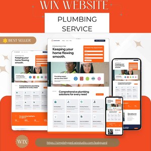 May include: A promotional image showcasing a plumbing service website design on various devices. The design features an orange and white color scheme with the text "PLUMBING SERVICE" and "Keeping your home flowing smooth." The website is displayed on a laptop, tablet, and smartphone.