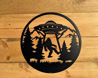 Sasquatch Abduction Metal Sign | Bigfoot UFO Wall Art | Cabin Garden Decor