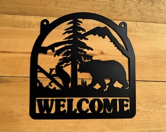 Bear Wildlife Metal Welcome Sign - Cabin Decor - Outdoor Metal Wall Art