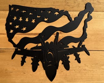 Fighter Jet American Flag Metal Wall Art – Powder Coated Sign