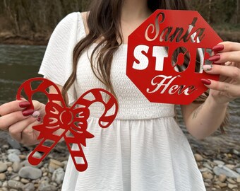Red Metal Santa Stop Here Sign, Candy Cane, Christmas Decor