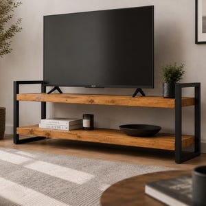 Industrial TV Stand | Solid Timber & Black Steel Media Unit | Handmade Rustic Television Console
