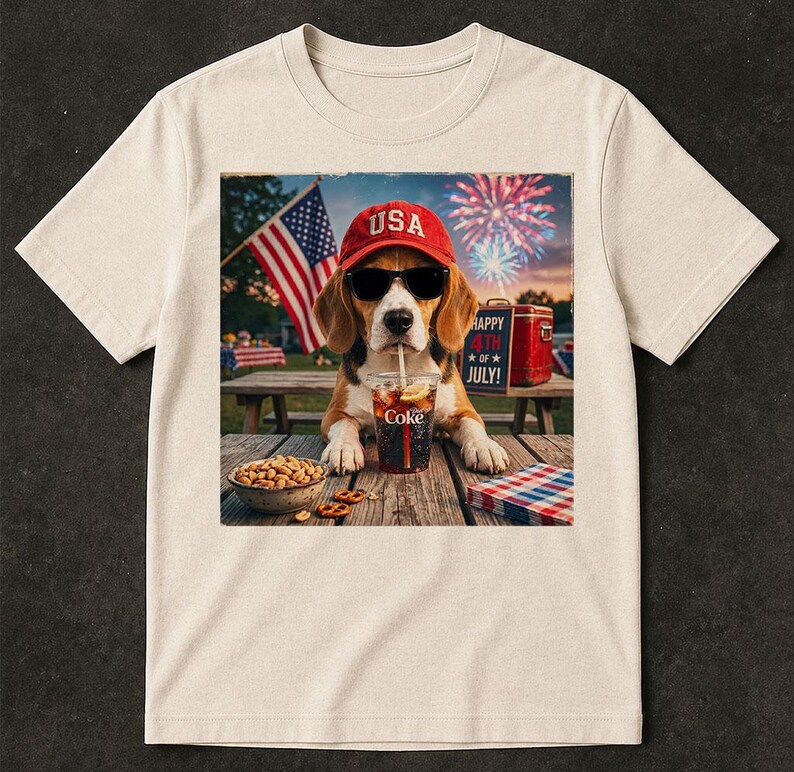 Op de afbeelding: Een cr&egrave;mekleurig t-shirt met een afbeelding van een beagle met een rode USA-pet en zwarte zonnebril, drinkend uit een Coke-beker. De sc&egrave;ne bevat een schaaltje pinda's, een rode koelbox met Happy 4th of July, een Amerikaanse vlag en vuurwerk.