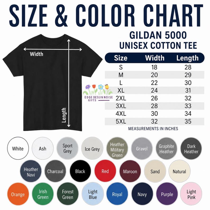 Op de afbeelding: Een maat- en kleurentabel voor een Gildan 5000 unisex katoenen t-shirt. De afbeelding toont een zwart t-shirt met breedte- en lengtepijlen, een tabel met maten S tot 5XL in inches en een palet met 25 gekleurde cirkels.