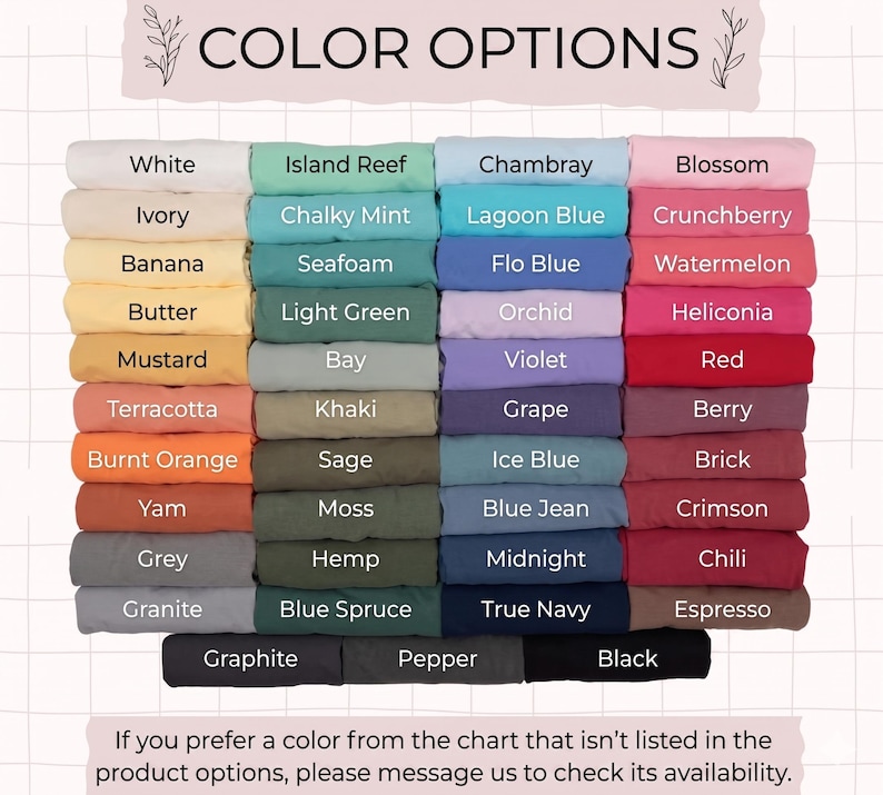 Op de afbeelding: Een kleurenkaart met een raster van gevouwen stofstalen in diverse tinten. De tekst bovenaan luidt COLOR OPTIONS en onderaan staat een bericht over het controleren van de beschikbaarheid van kleuren die niet in de opties staan vermeld.