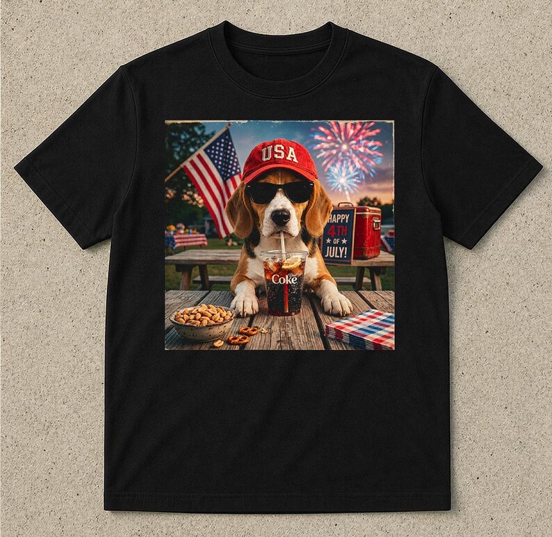 Op de afbeelding: Een zwart t-shirt met een afbeelding van een beagle met een rode USA-pet en zwarte zonnebril, drinkend uit een Coke-beker met een rietje. De afbeelding bevat een kom pretzels, een Amerikaanse vlag, vuurwerk en de tekst Happy 4th of July.