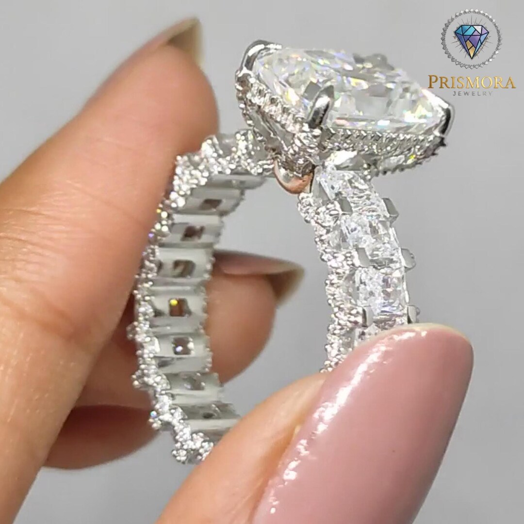 Radiant Cut Moissanite Engagement Ring, Hidden Halo 10K White Gold ...
