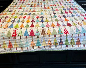 Mini Trees Homemade quilt  80x90 inches, off white, multicolor trees