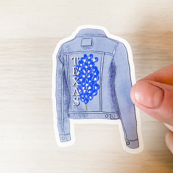 Texas Bluebonnet Denim Jacket Vinyl Sticker/white background/Texas/laptop sticker/journal sticker/hydroflask decal water bottle